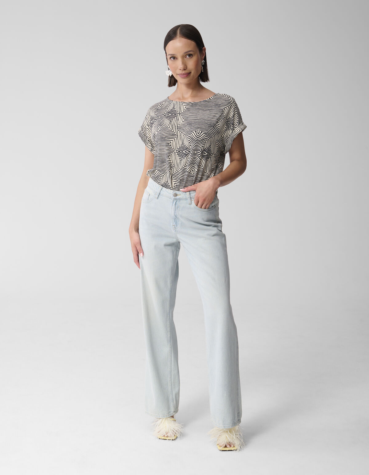 Bedrucktes Jersey-Rippen-Top Schwarz/Weiß SHOEBY WOMEN