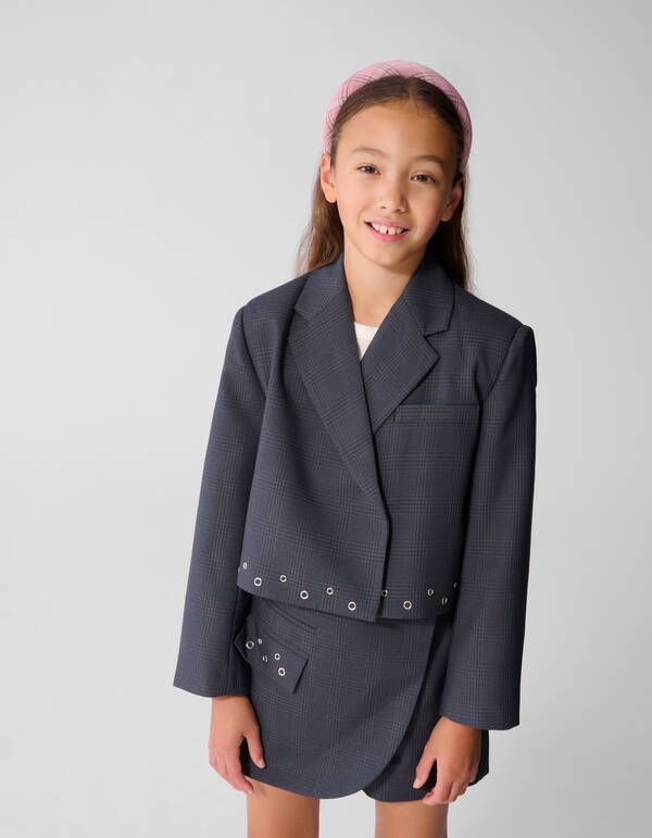 Cropped Karierter Eyelet Blazer Dunkelgrau SHOEBY GIRLS