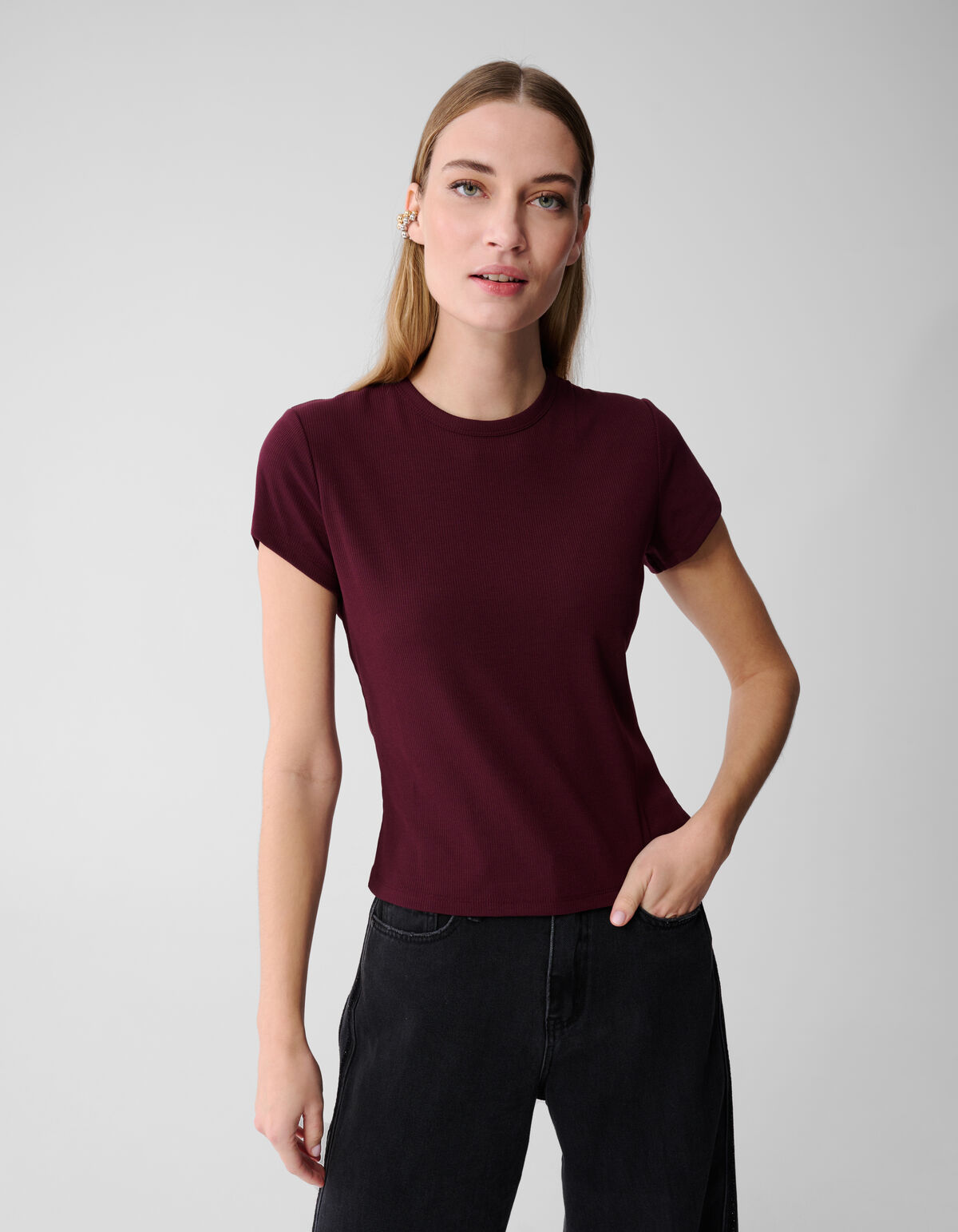 Geripptes T-Shirt, Dunkelrot SHOEBY WOMEN