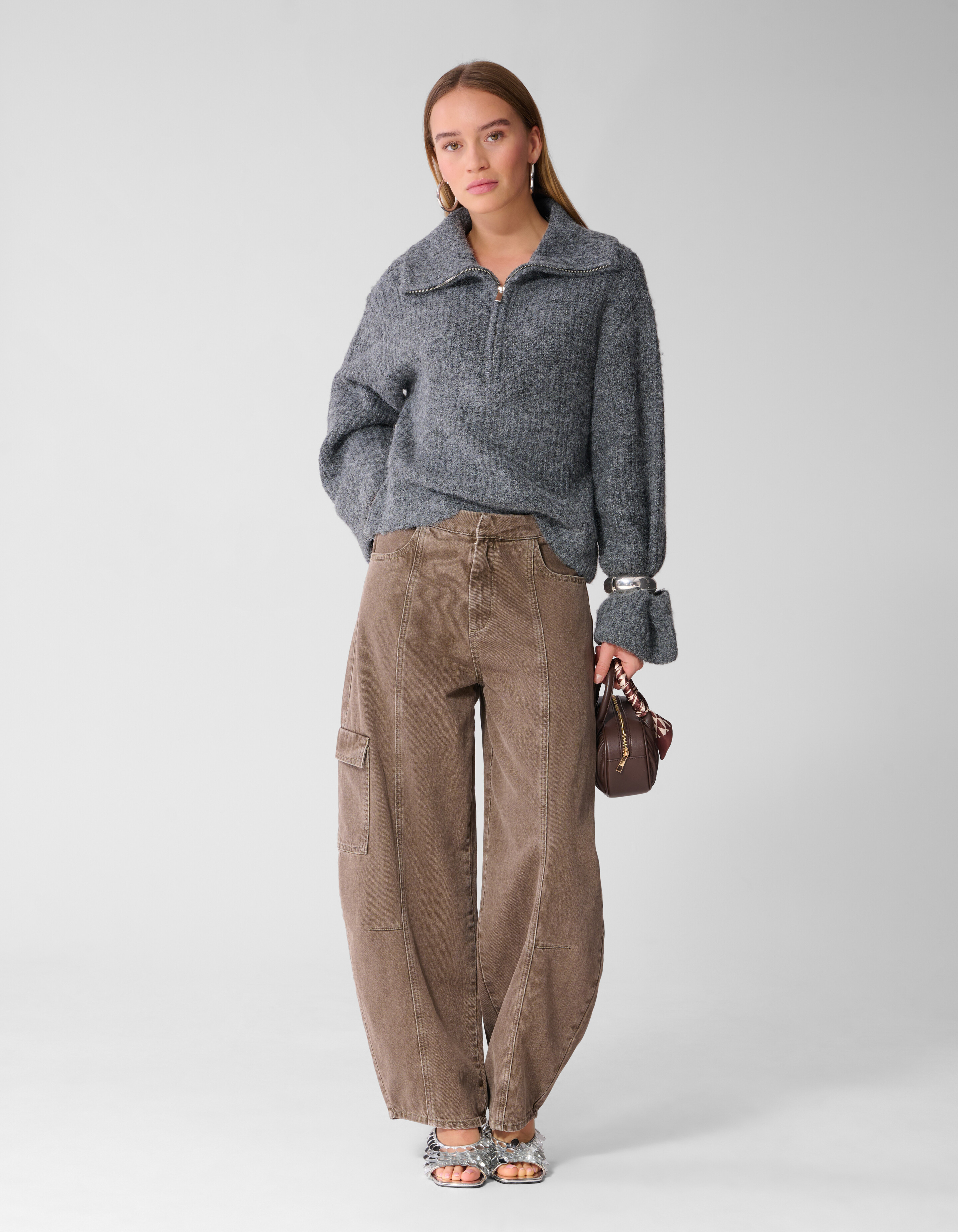 Zip Collar Strickpullover Grau SHOEBY WOMEN