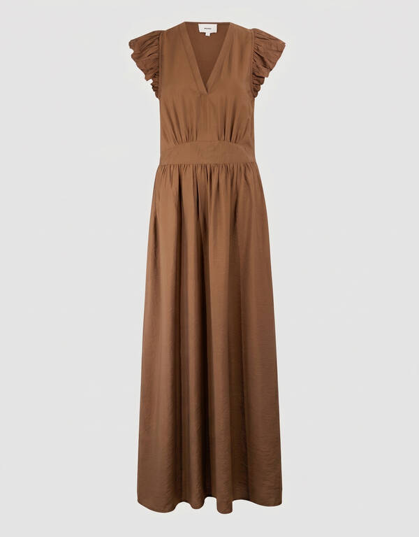 R&uuml;schen V-Ausschnitt Maxi Kleid Dunkelbraun SHOEBY WOMEN