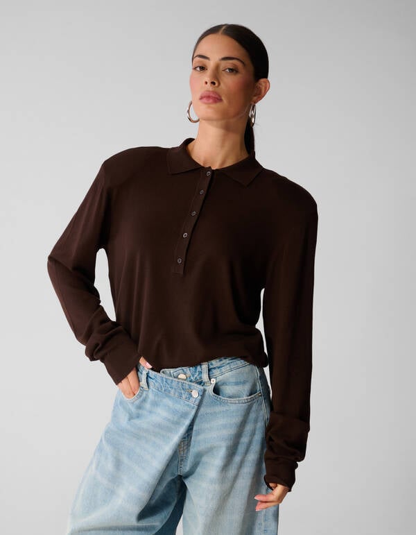 Gestricktes Polo-Shirt mit langen &Auml;rmeln braun SHOEBY WOMEN