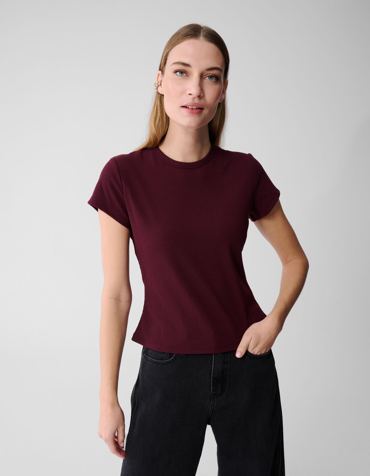 Geripptes T-Shirt, Dunkelrot SHOEBY WOMEN