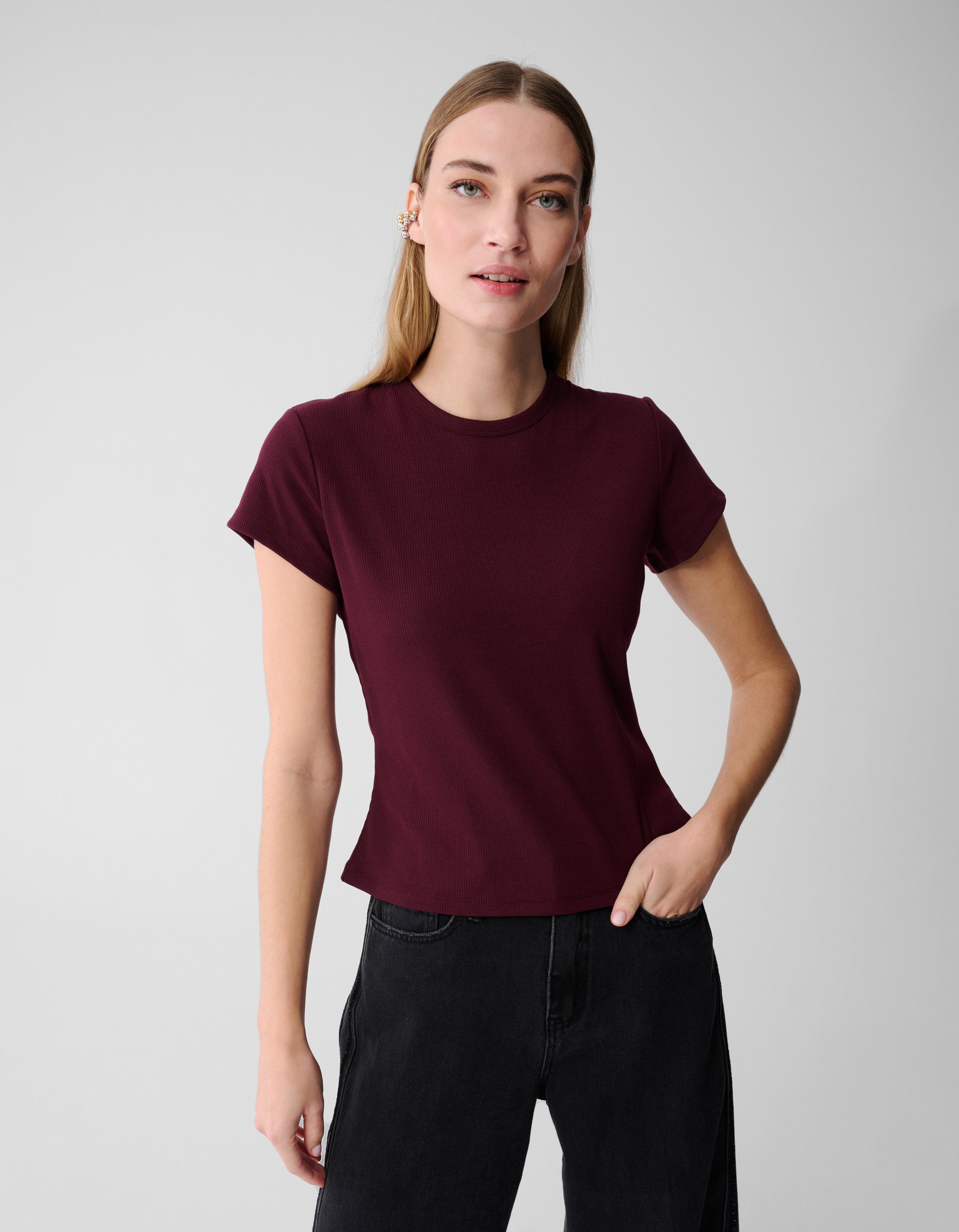 Geripptes T-Shirt, Dunkelrot SHOEBY WOMEN