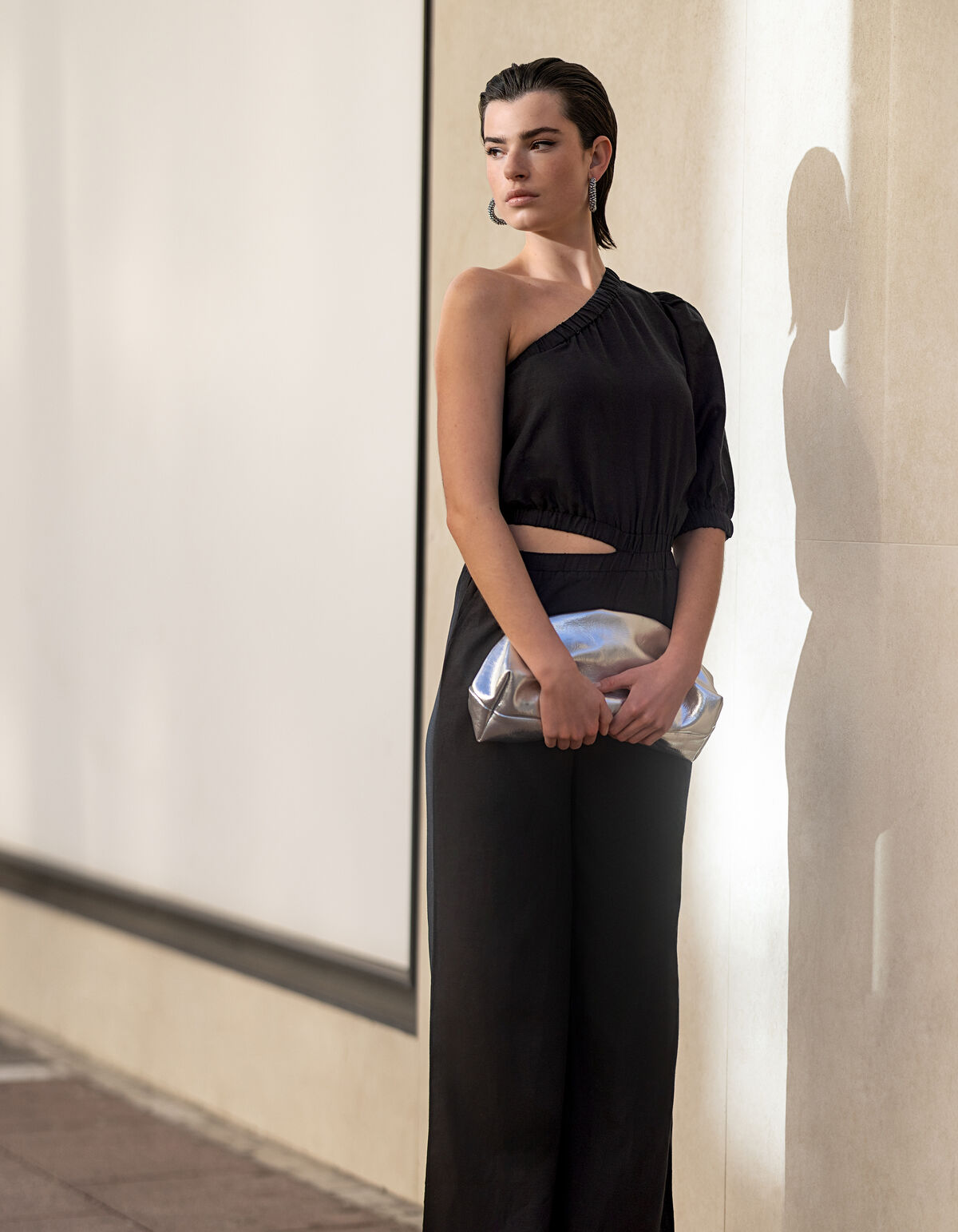 Linnen One Shoulder Jumpsuit Zwart SHOEBY WOMEN