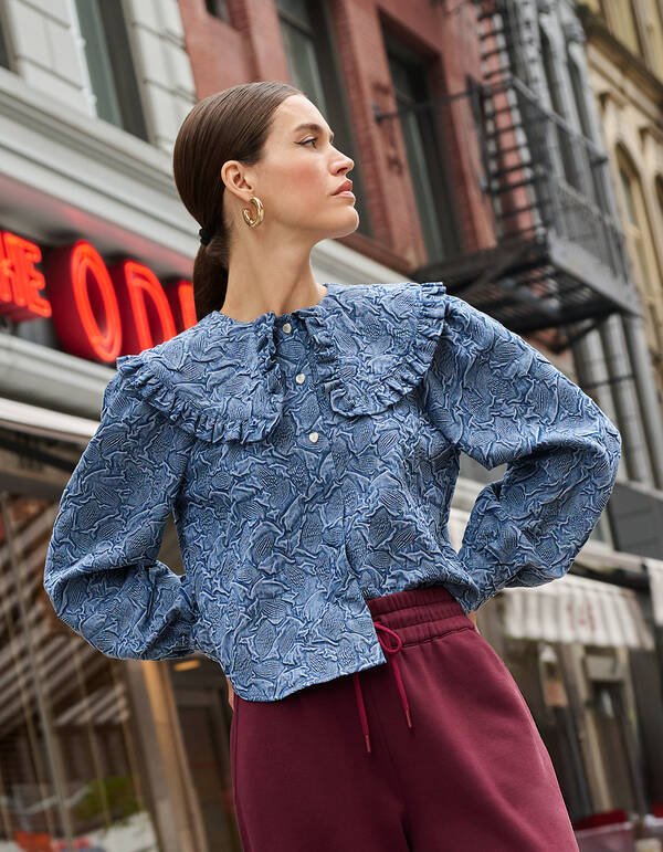 Jeansbluse mit großem Kragen, Blau SHOEBY WOMEN