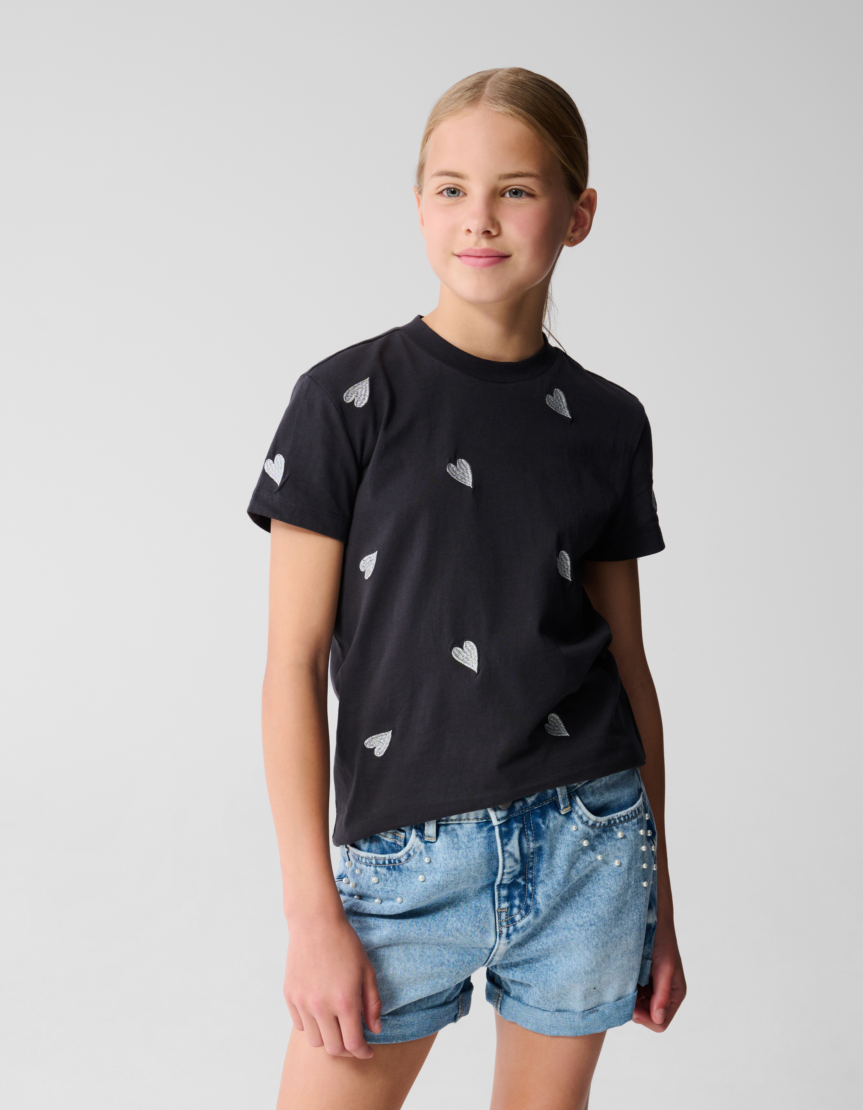 Besticktes Herz-T-Shirt Dunkelgrau SHOEBY GIRLS