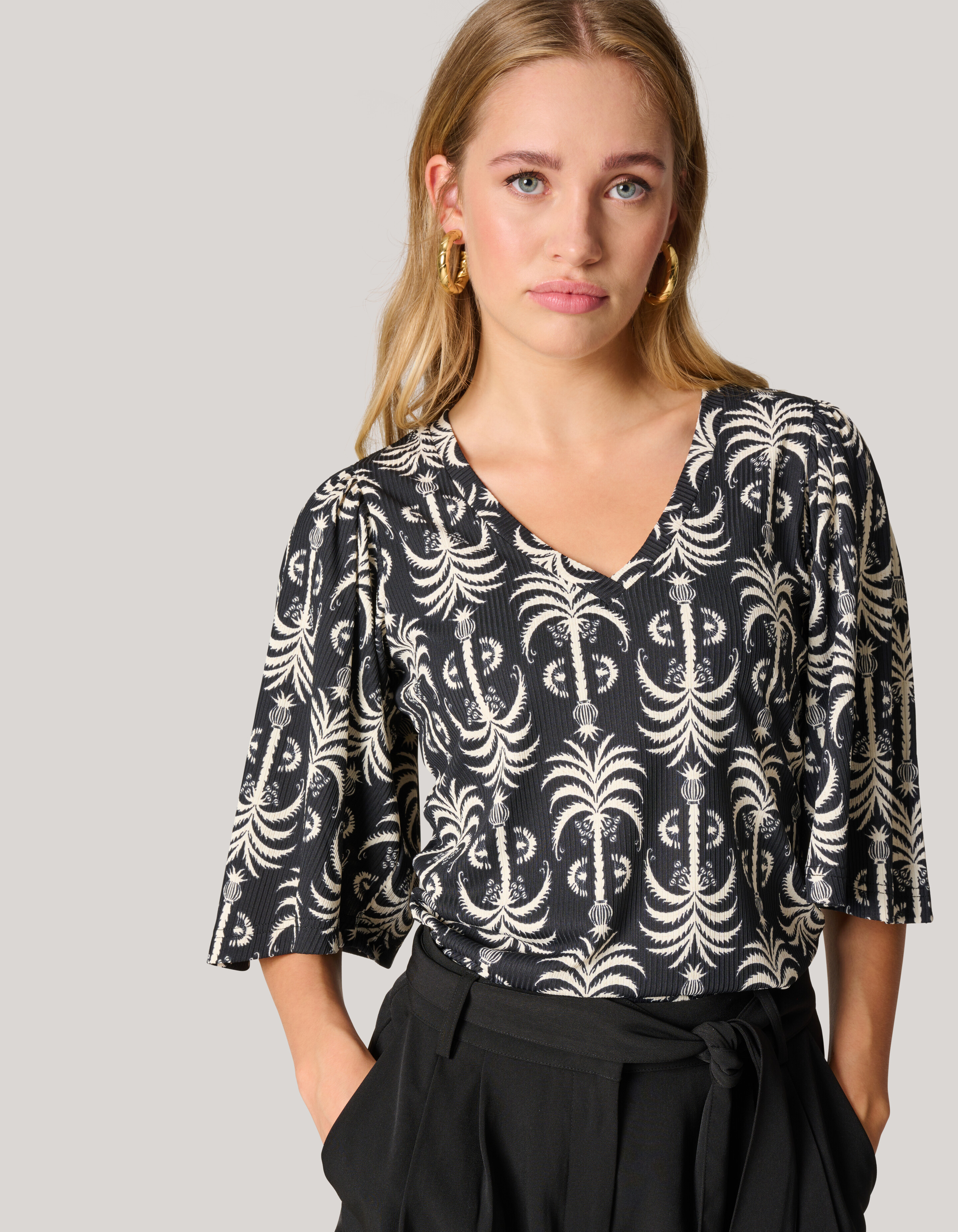 Bedrucktes Ripp-Jersey-Rüschen-Top Zwart SHOEBY WOMEN