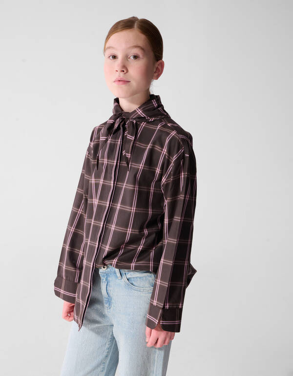 Relaxed Karierte Scarf Bluse Dunkelbraun SHOEBY GIRLS