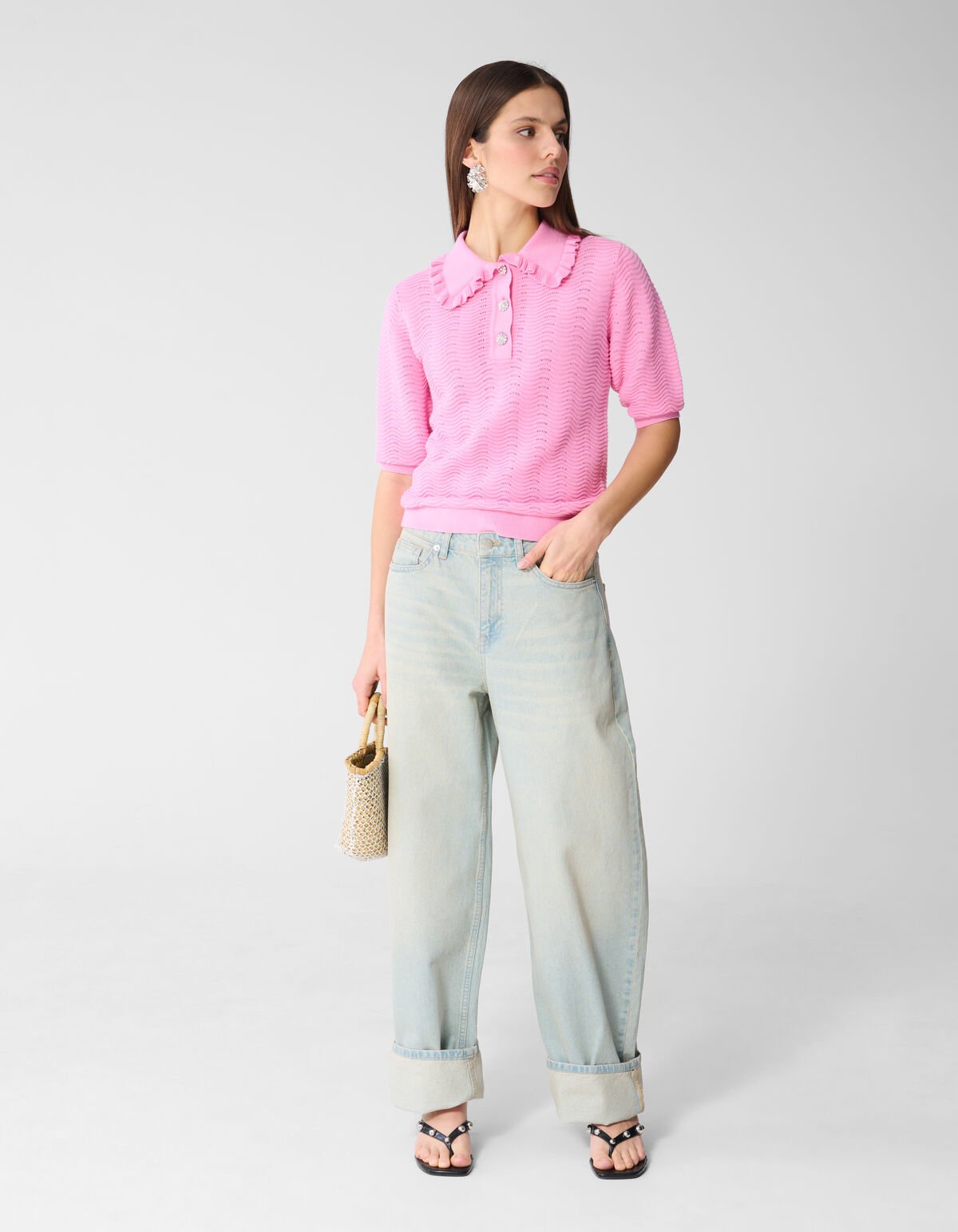 Gestricktes R&uuml;schen-Poloshirt Rosa SHOEBY WOMEN