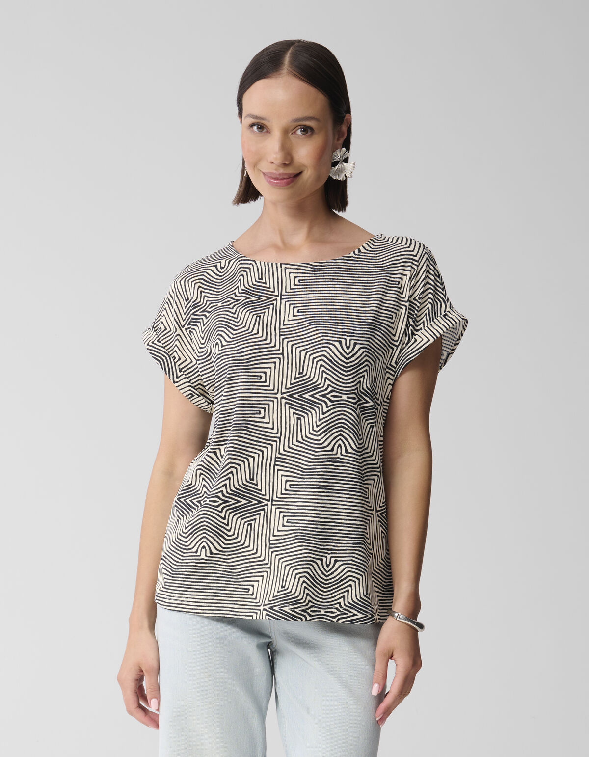 Bedrucktes Jersey-Rippen-Top Schwarz/Weiß SHOEBY WOMEN