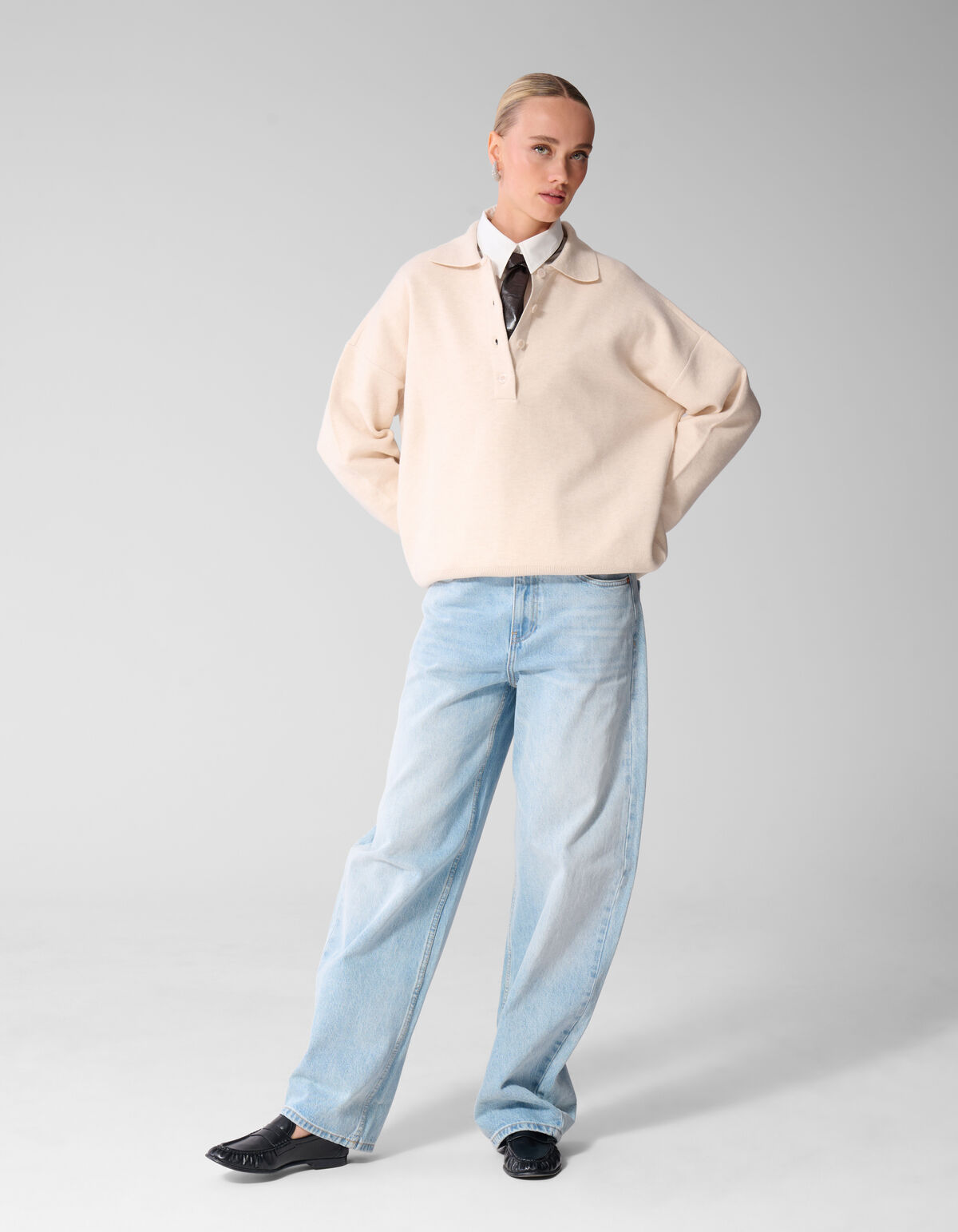 Oversized Polo Strickpullover Ecru SHOEBY WOMEN