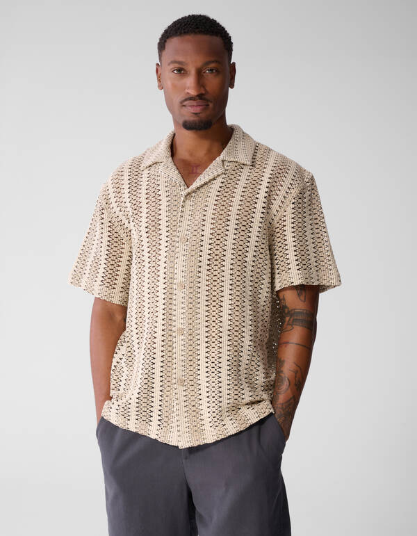 Gestreiftes H&auml;kel-Overshirt in Sandfarben SHOEBY MEN