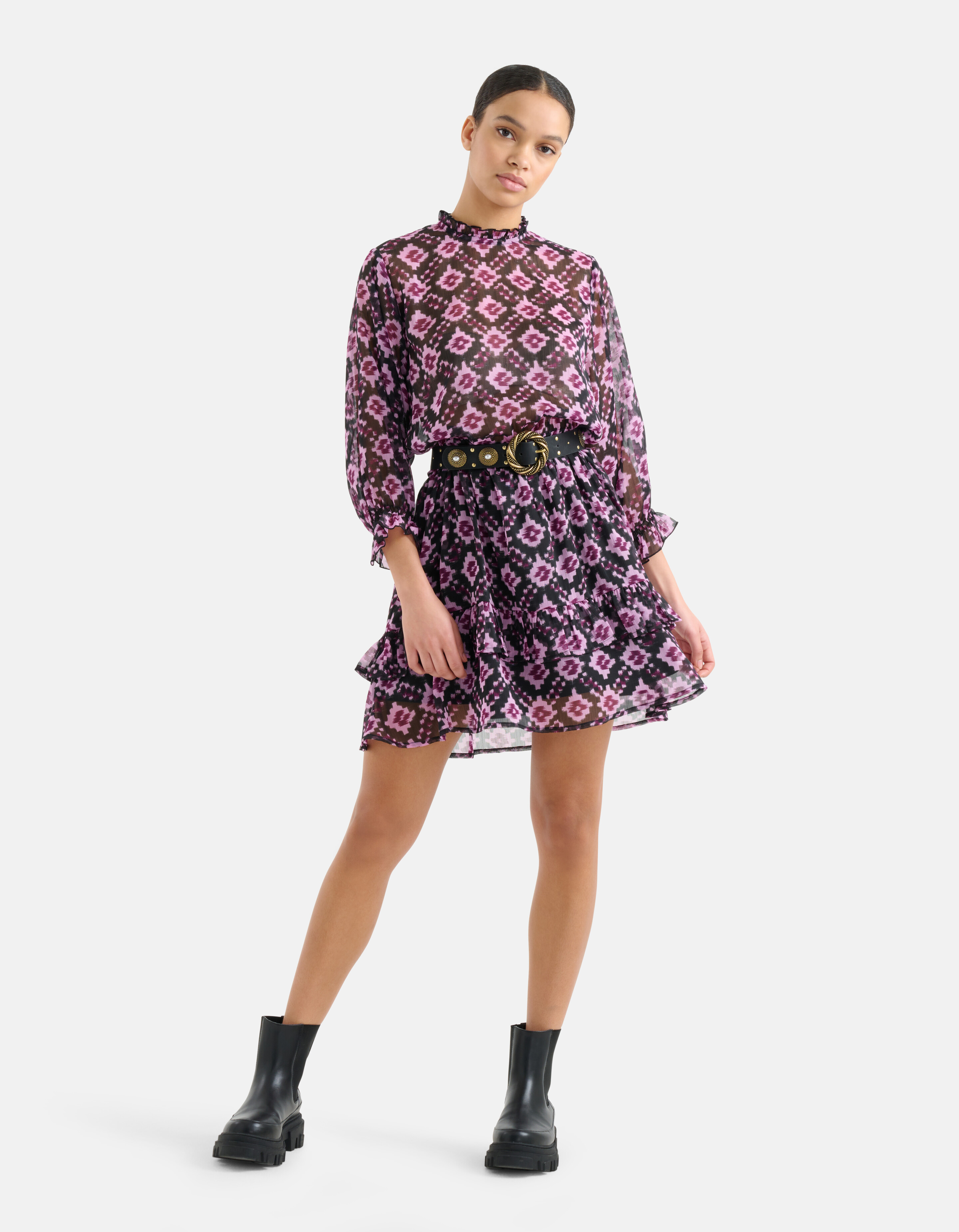 Bedrucktes Chiffonkleid Schwarz/Violett SHOEBY WOMEN