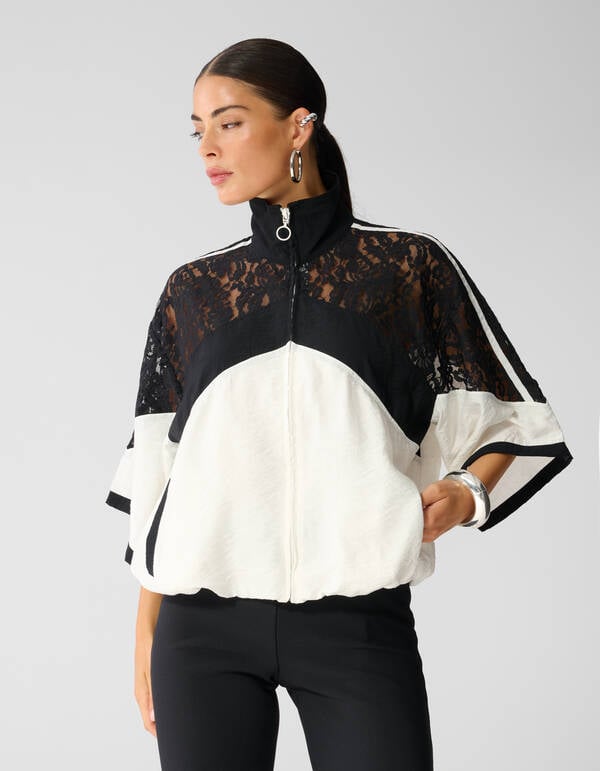 Lace Mix Track-Bluse Schwarz/Cremefarben SHOEBY WOMEN