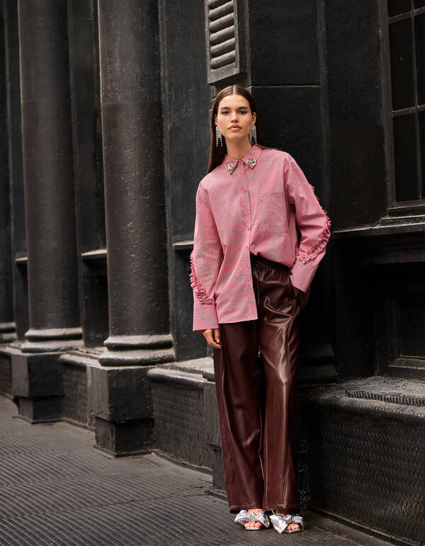 Veganes Leder Weite Beinen Hose Dunkelrot SHOEBY WOMEN