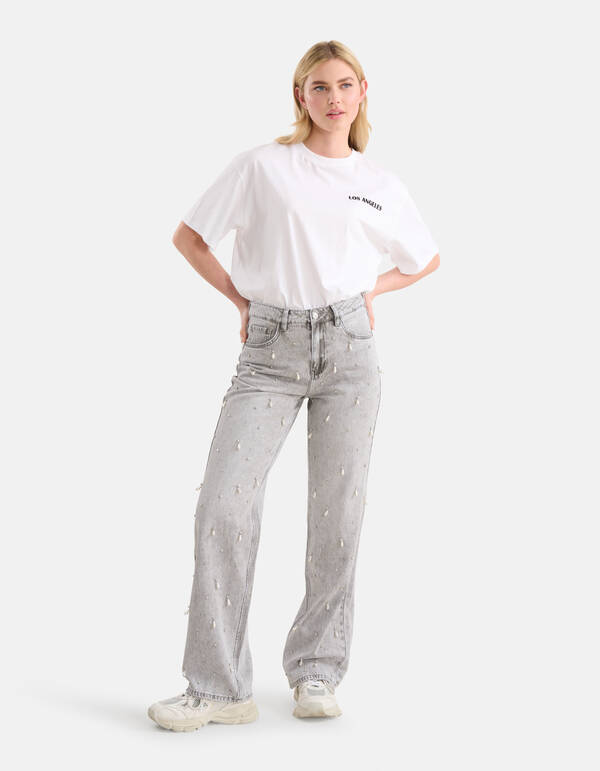 Embellished Straight Fit Jeans Lichtgrijs SHOEBY WOMEN