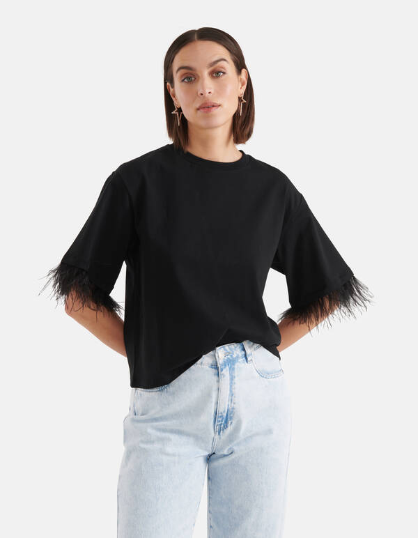 T-Shirt mit Federn Schwarz SHOEBY WOMEN