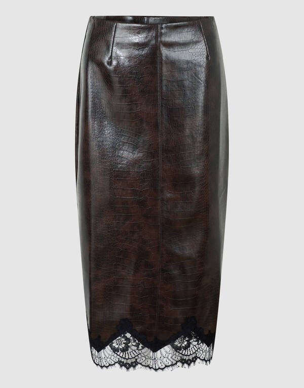 Midi-Rock aus veganem Croco-Leder dunkelbraun SHOEBY WOMEN