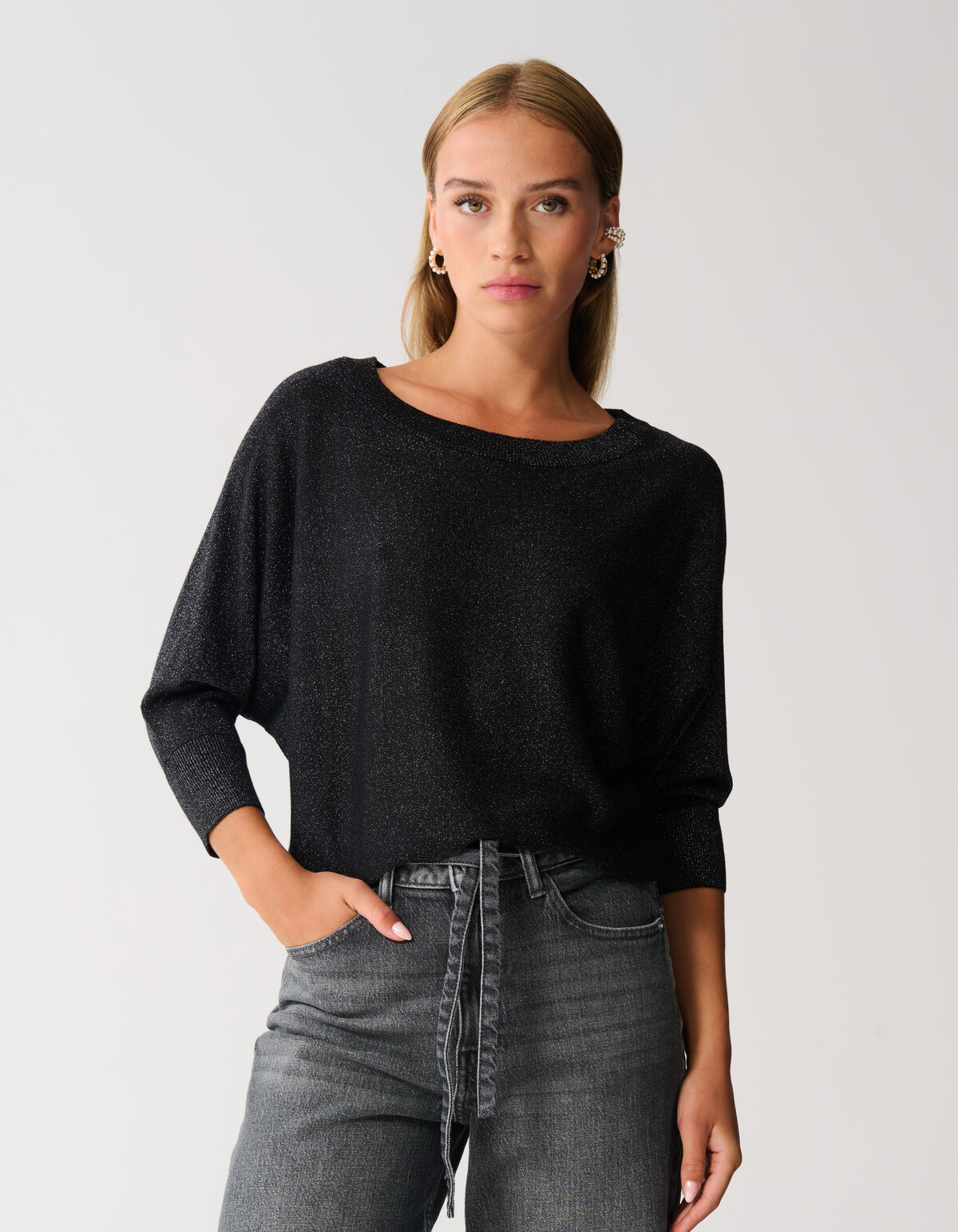 Glitzer Fledermausärmel Pullover Schwarz SHOEBY WOMEN