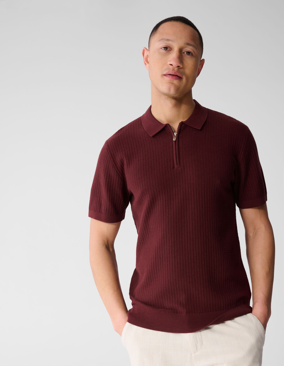 Gestricktes Zip-Poloshirt Dunkelrot SHOEBY MEN