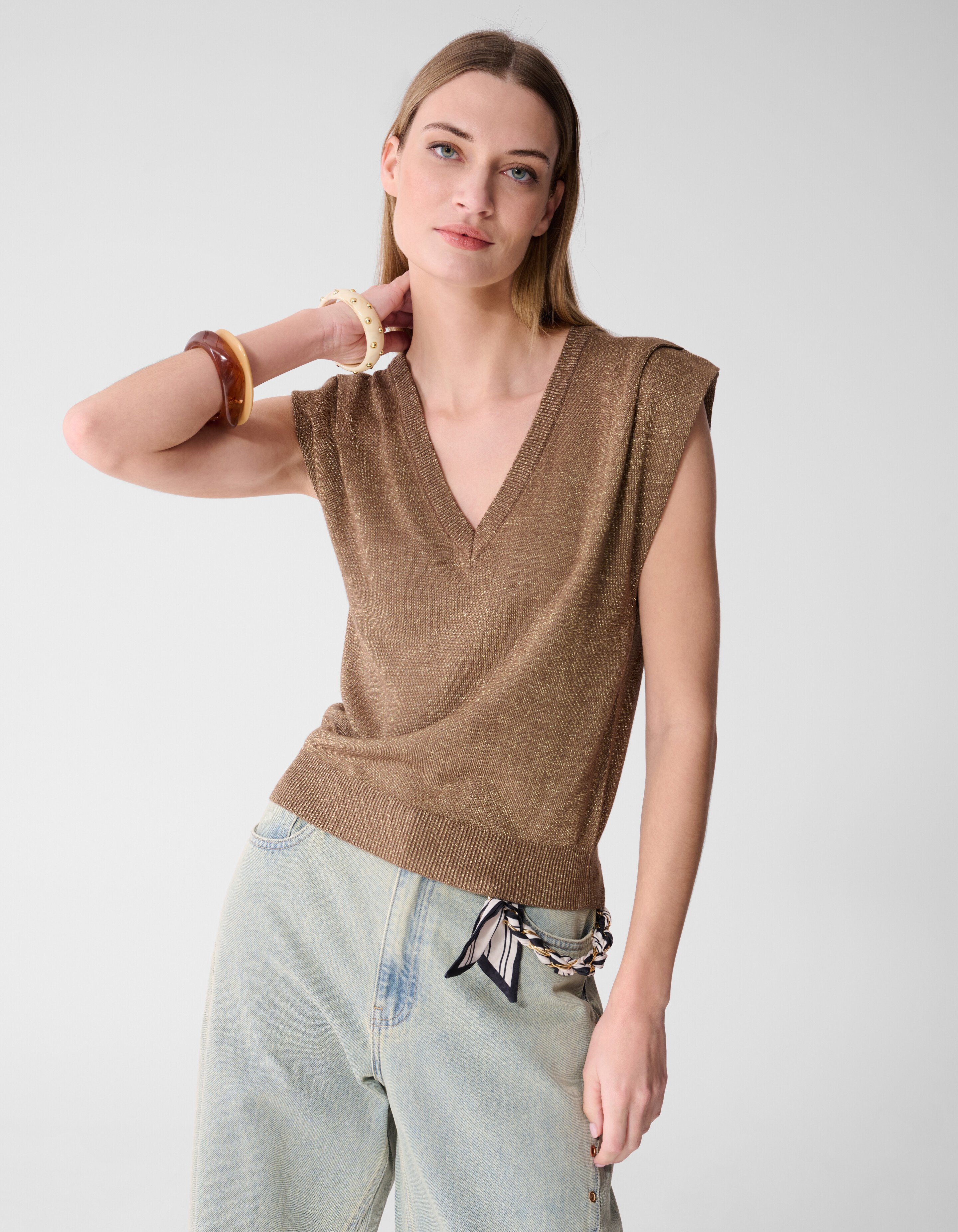 Glitzer-V-Ausschnitt-Top Braun SHOEBY WOMEN