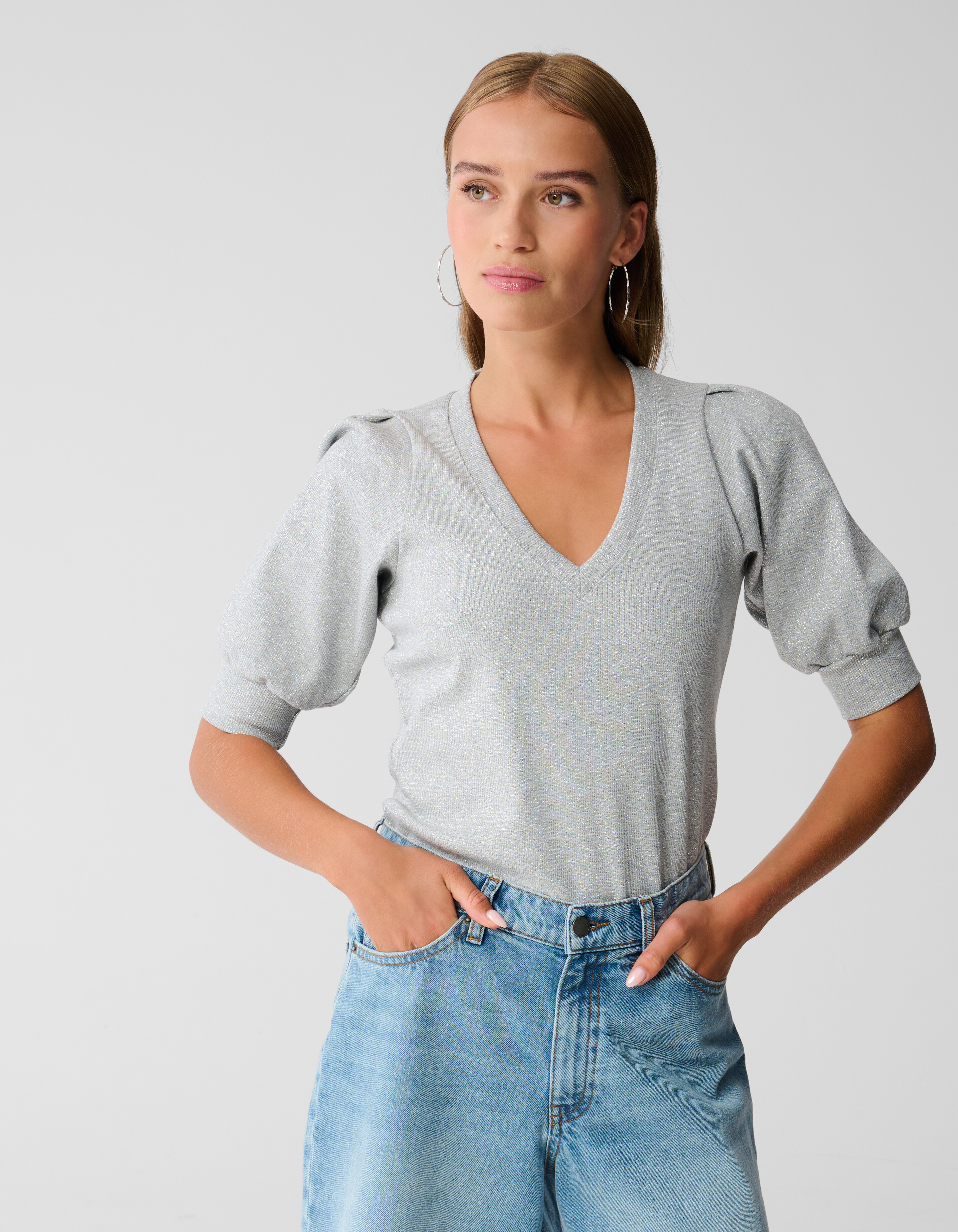 Puff-Top mit V-Ausschnitt Grau SHOEBY WOMEN