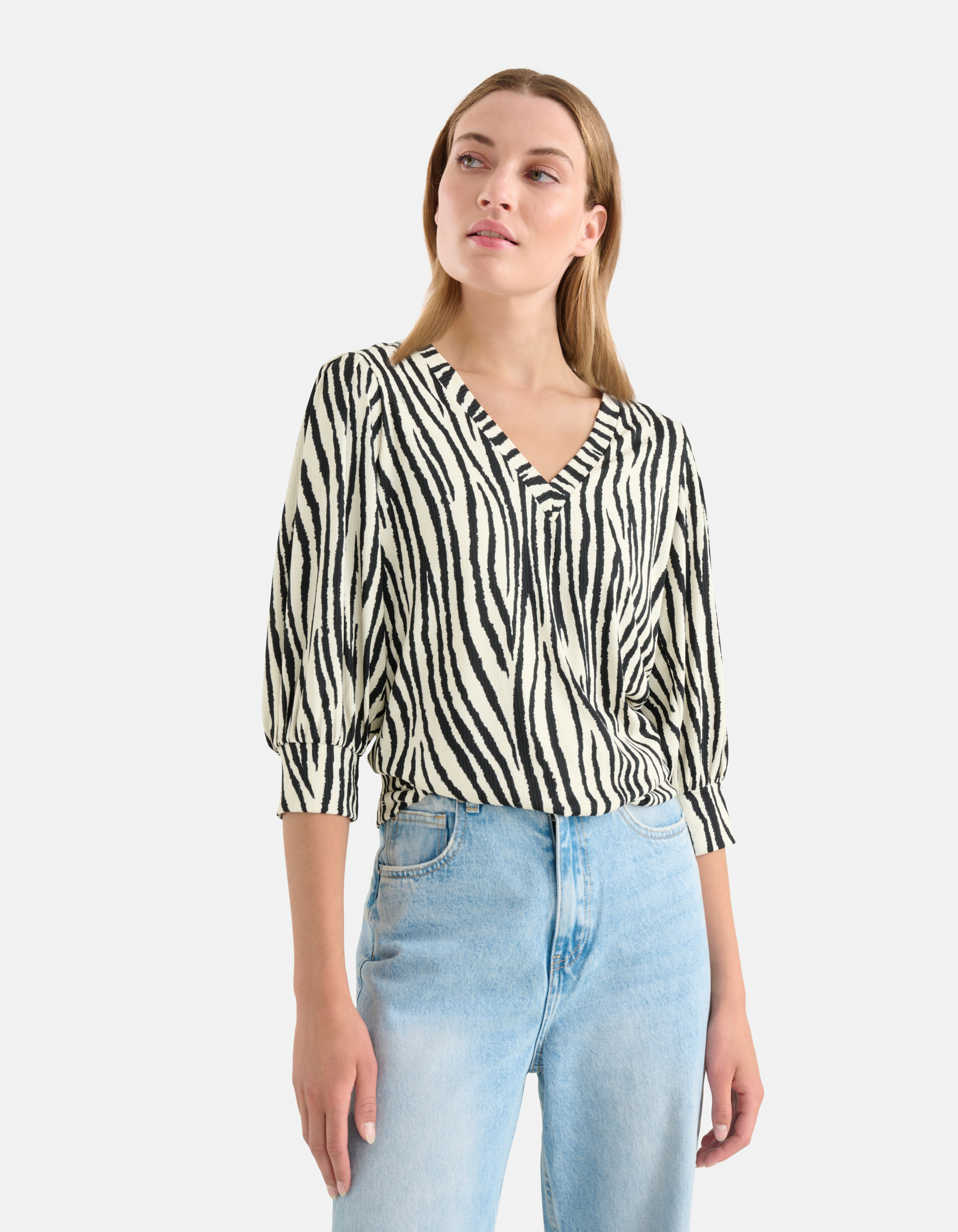 Bedrucktes Rippen-V-Ausschnitt-Top Schwarz/Weiß SHOEBY WOMEN