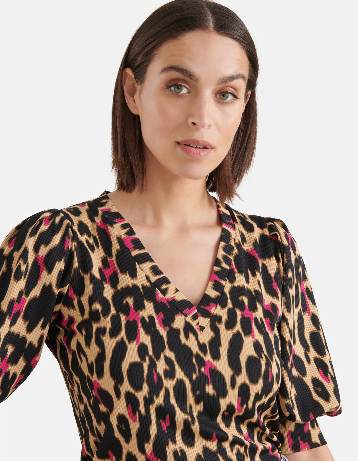 Leopard-Ripp-Top mit V-Ausschnitt Braun SHOEBY WOMEN