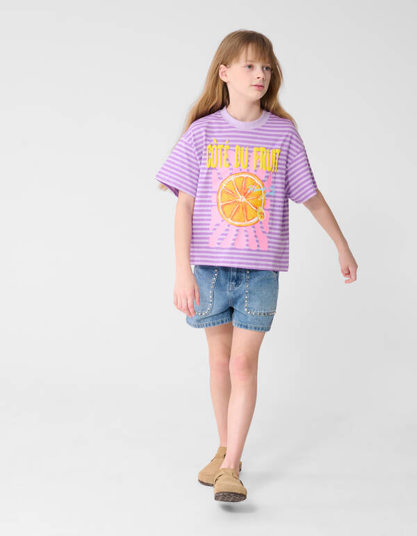 Gestreiftes Obst-Kunst T-Shirt Helllila SHOEBY GIRLS