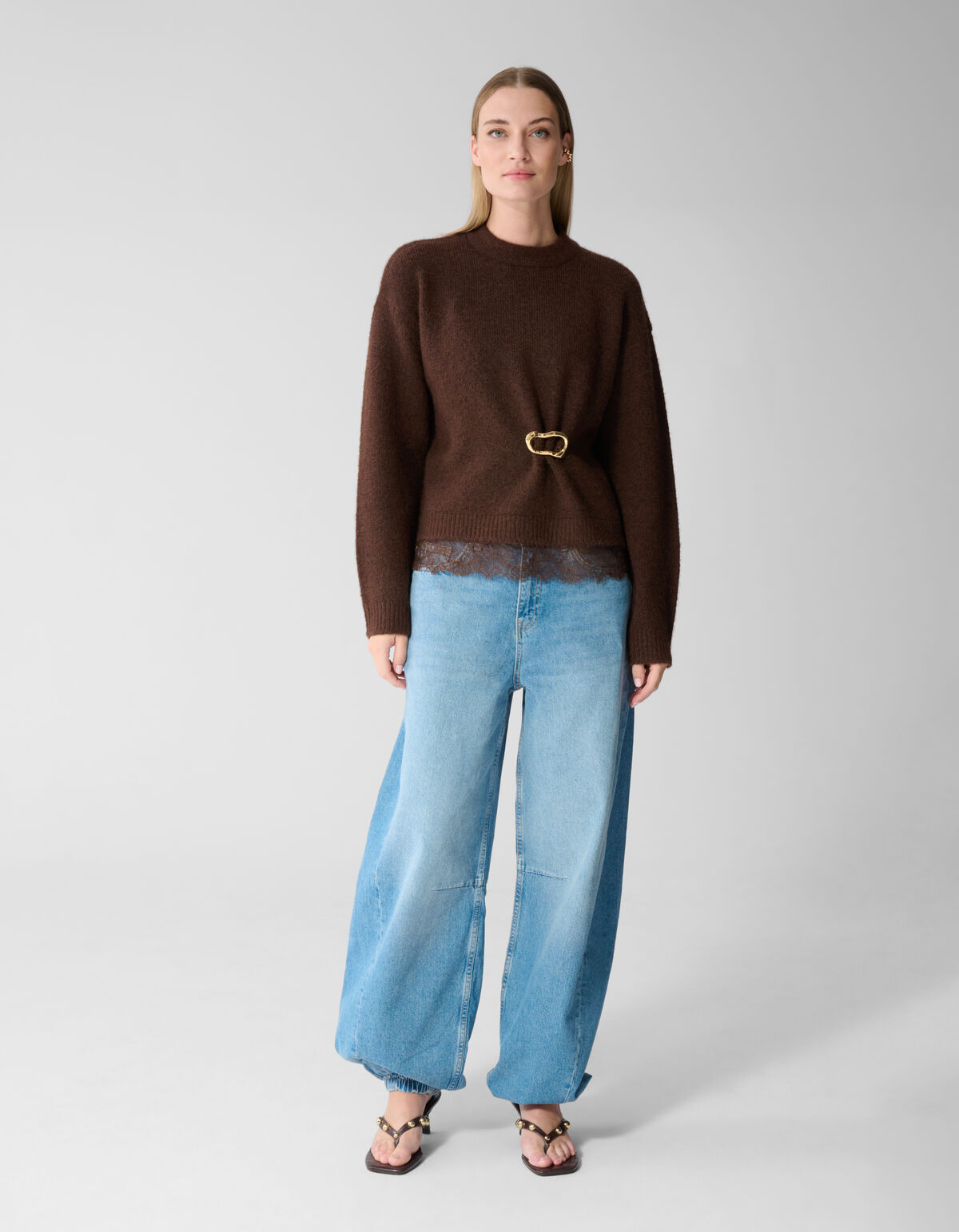 Strickpullover mit Spitzenbesatz dunkelbraun SHOEBY WOMEN