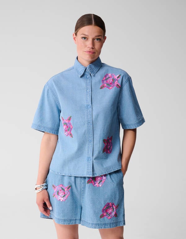 Übergroße Bluse aus Denim mit Pailletten Blau SHOEBY WOMEN