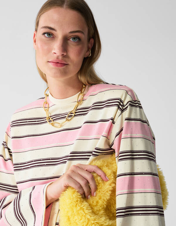 Gestreifte Strass-Langarmshirt Rosa SHOEBY WOMEN