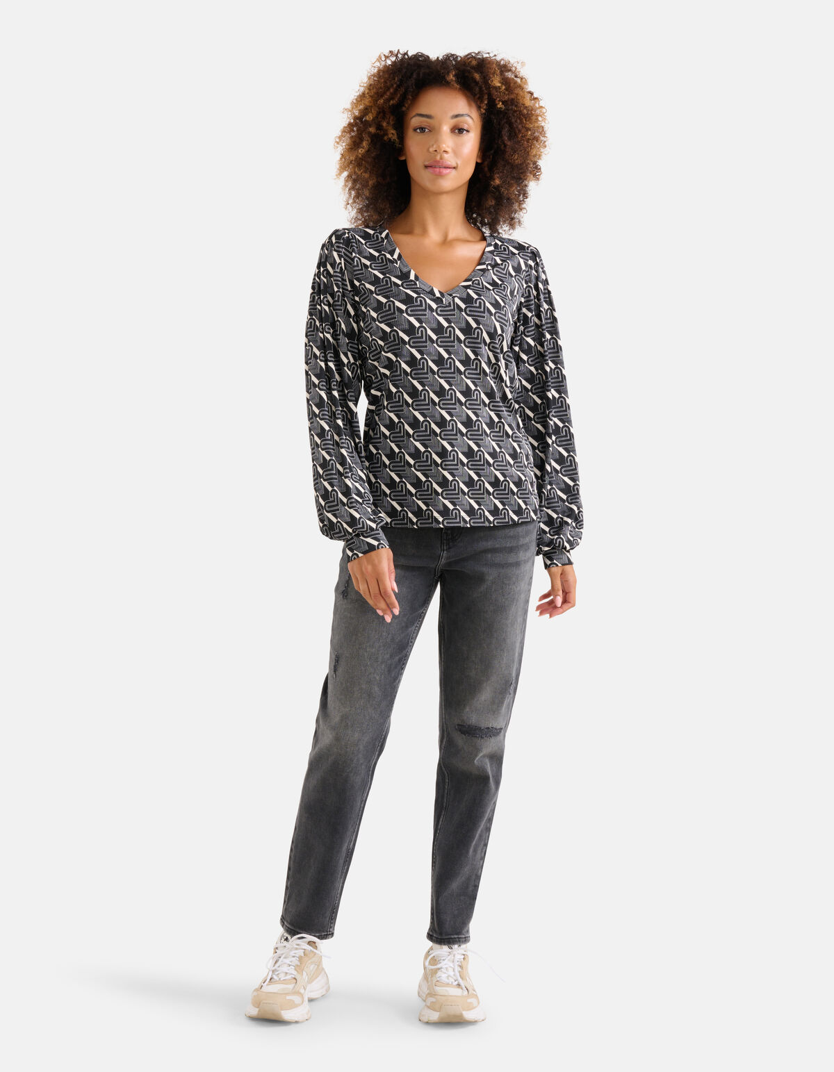 Bedrucktes Rippen-Langarmshirt Schwarz/Weiß SHOEBY WOMEN