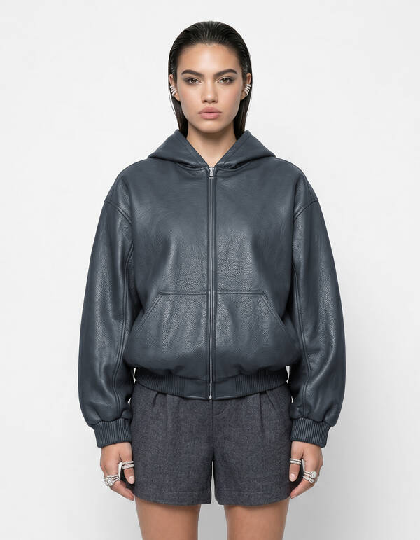 Vegan Leren Hooded Bomber Donkergrijs SHOEBY WOMEN