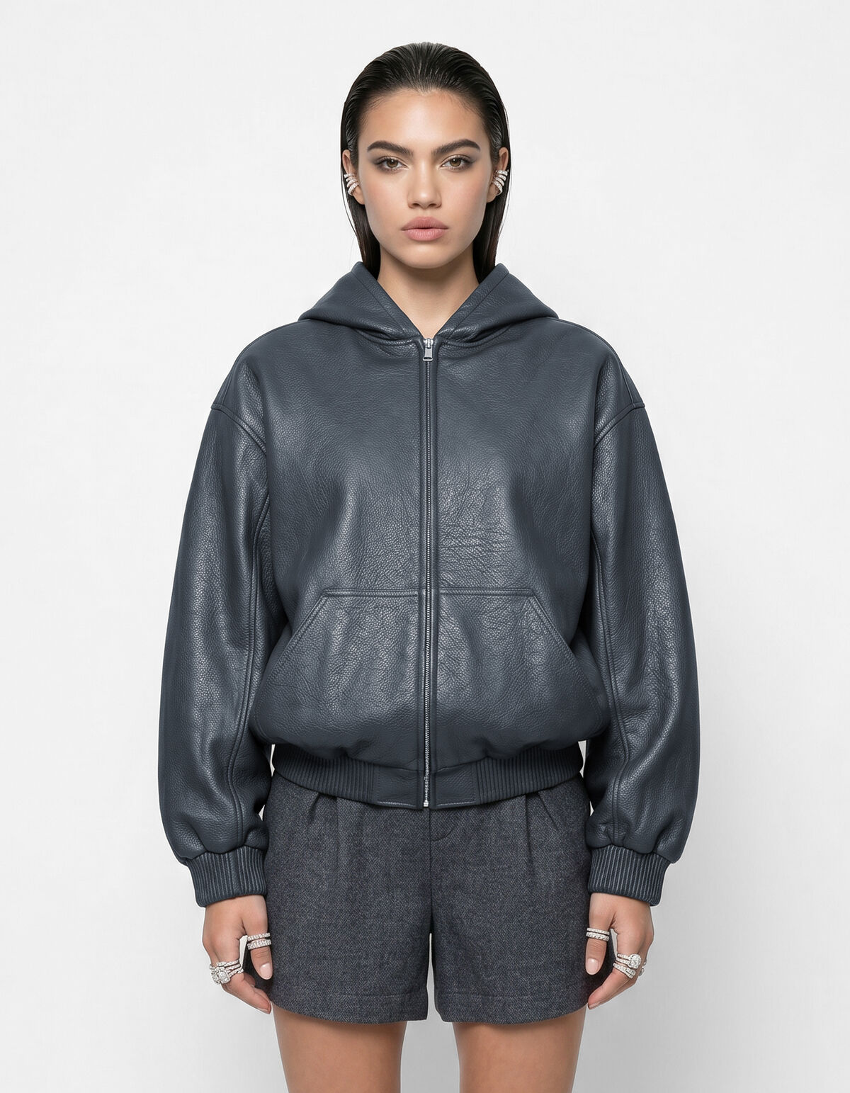 Vegan Leren Hooded Bomber Donkergrijs SHOEBY WOMEN