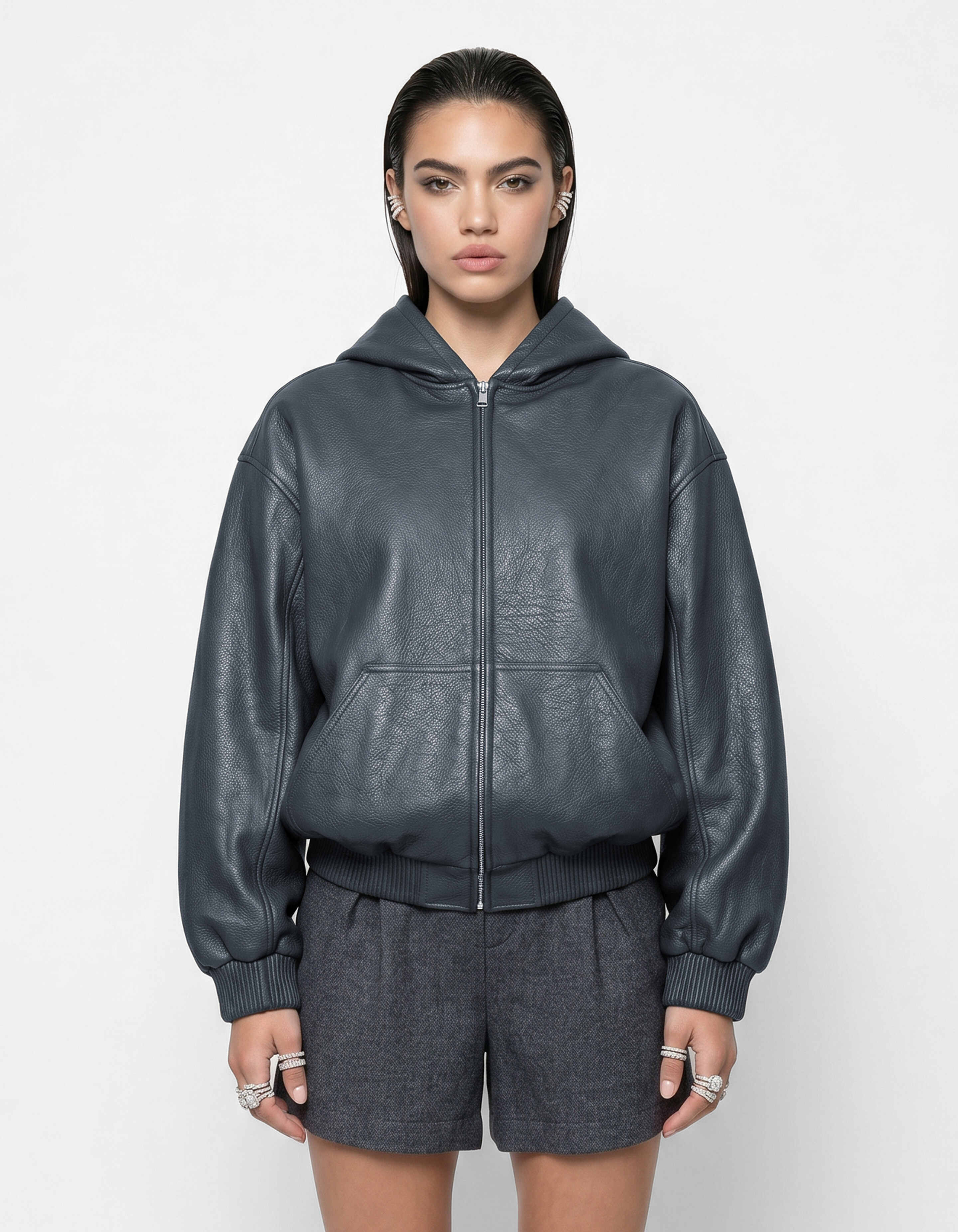 Vegan Leren Hooded Bomber Donkergrijs SHOEBY WOMEN