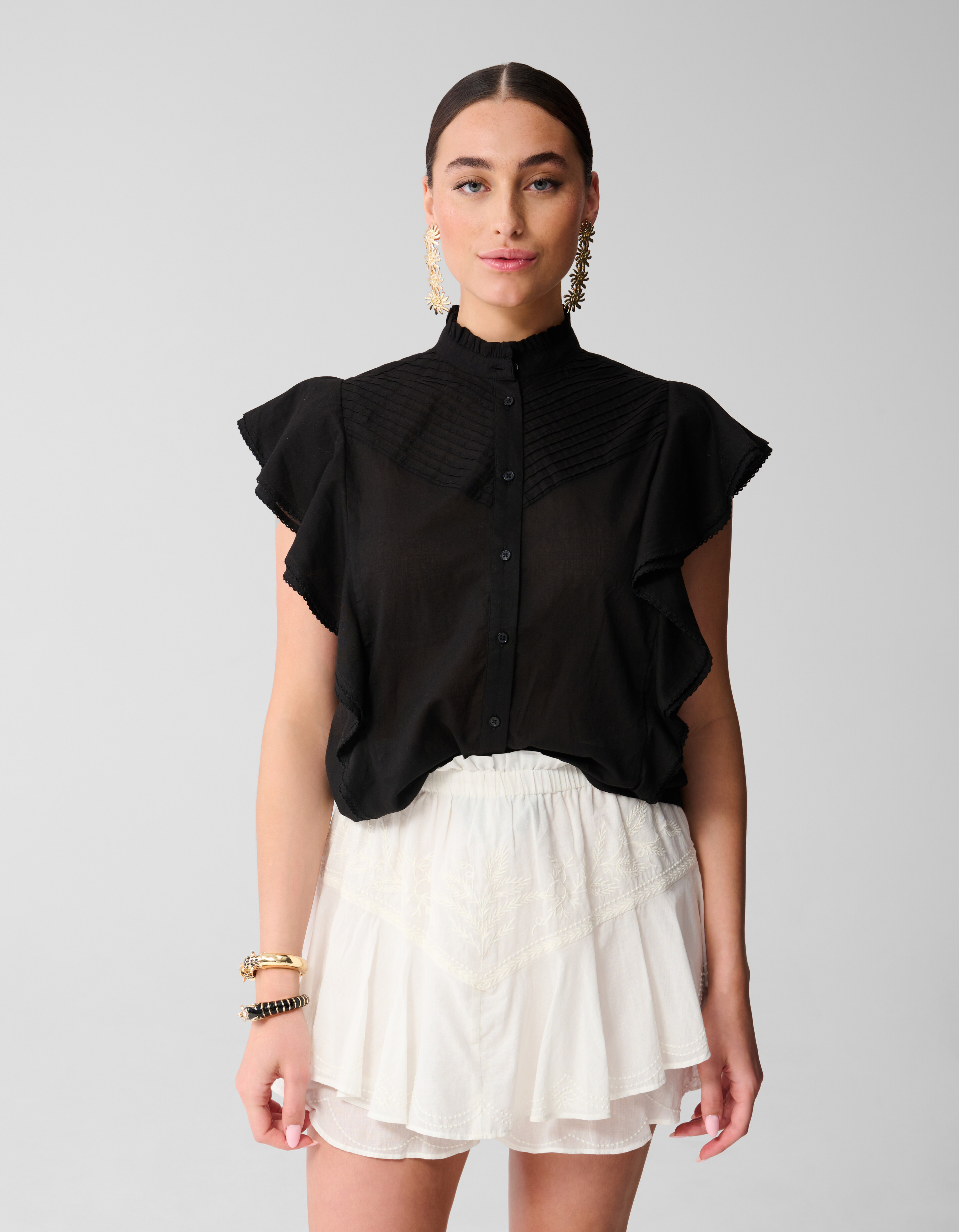 Pintuck-Rüschen-Top Schwarz SHOEBY WOMEN