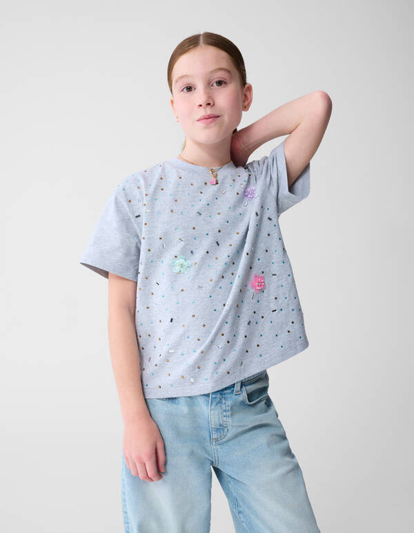 Graues T-Shirt mit Strassblumenmuster SHOEBY GIRLS