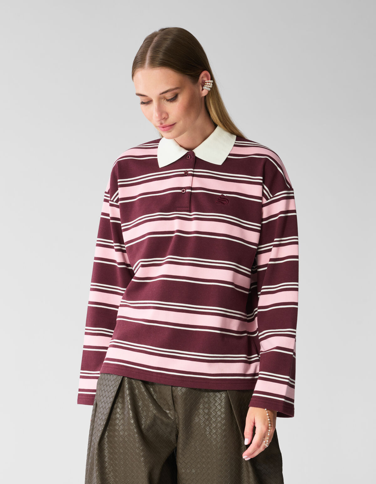 Gestreiftes Polo Longsleeve dunkelrot SHOEBY WOMEN