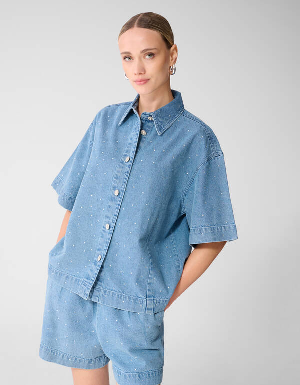 &Uuml;bergro&szlig;e Strass-Jeansbluse Blau SHOEBY WOMEN