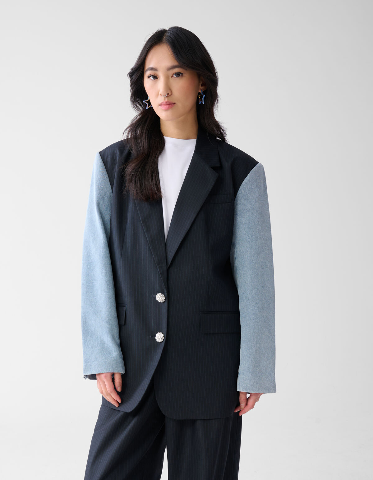 Blazer mit Nadelstreifen und Denim-Ärmeln Dunkelbl SHOEBY WOMEN