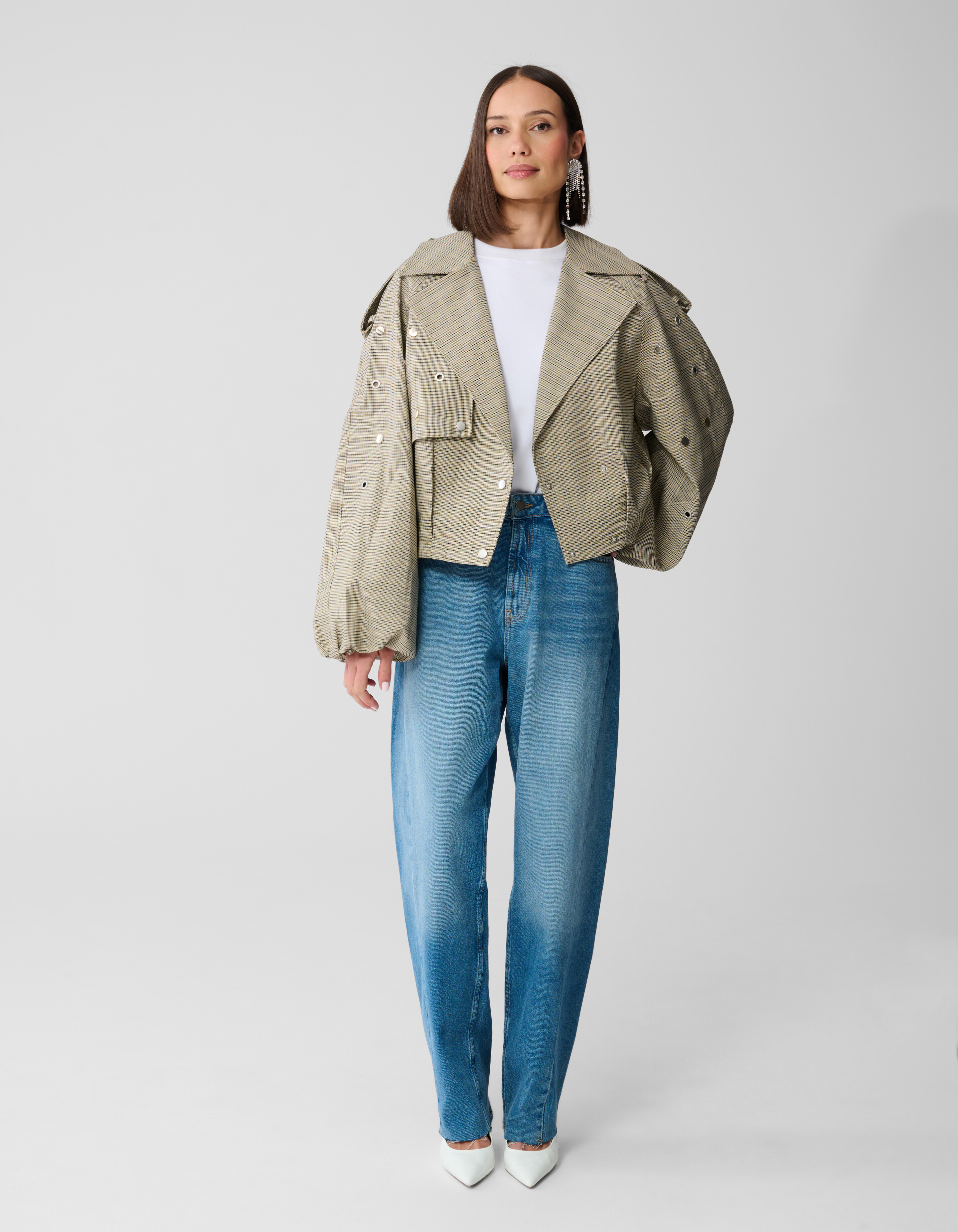 Karierte Trenchjacke mit Nieten Hellbraun SHOEBY WOMEN