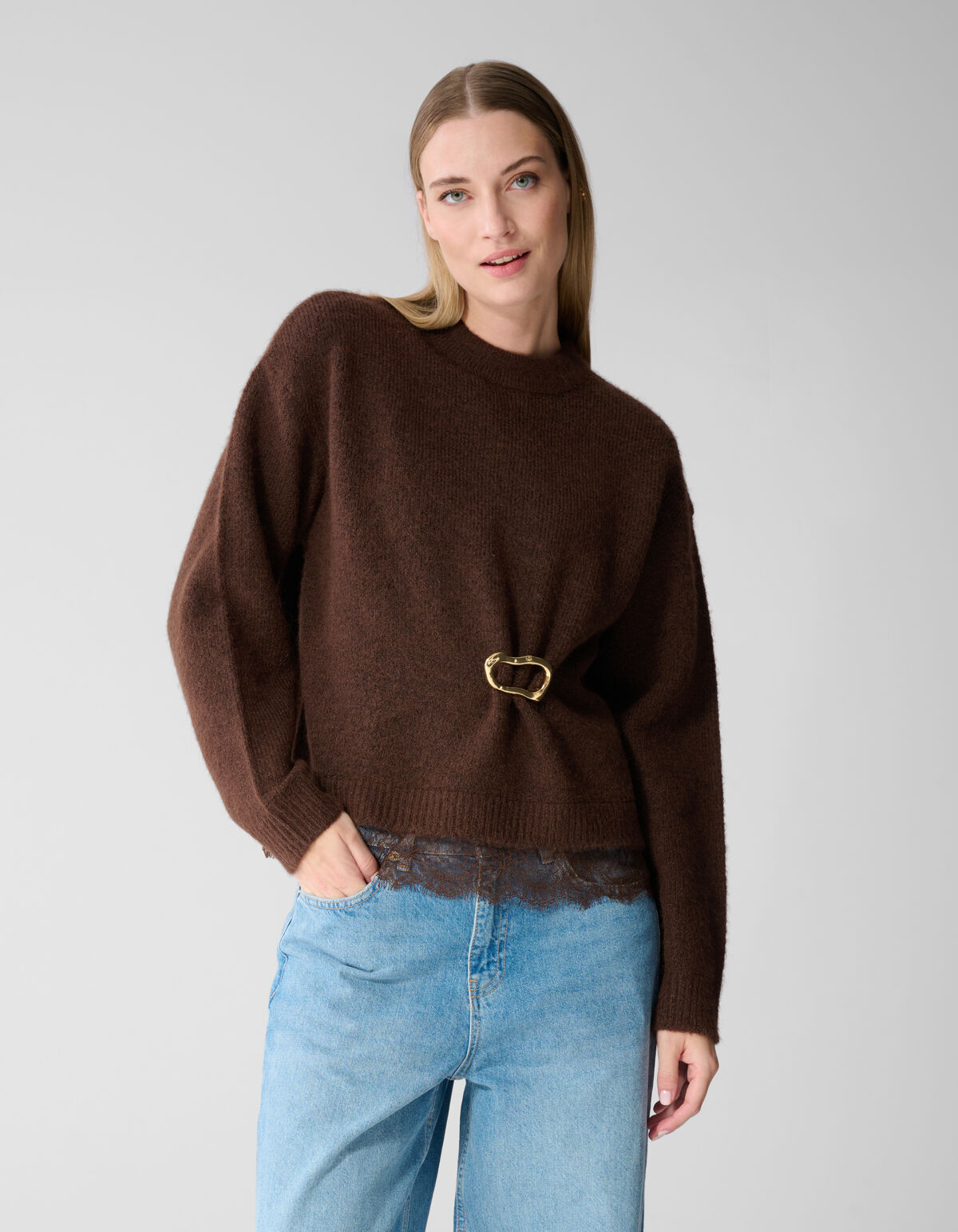 Strickpullover mit Spitzenbesatz dunkelbraun SHOEBY WOMEN