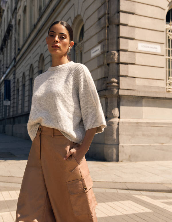 Gestreifter Pullover Mit Halblangen &Auml;rmel Hellgrau SHOEBY WOMEN
