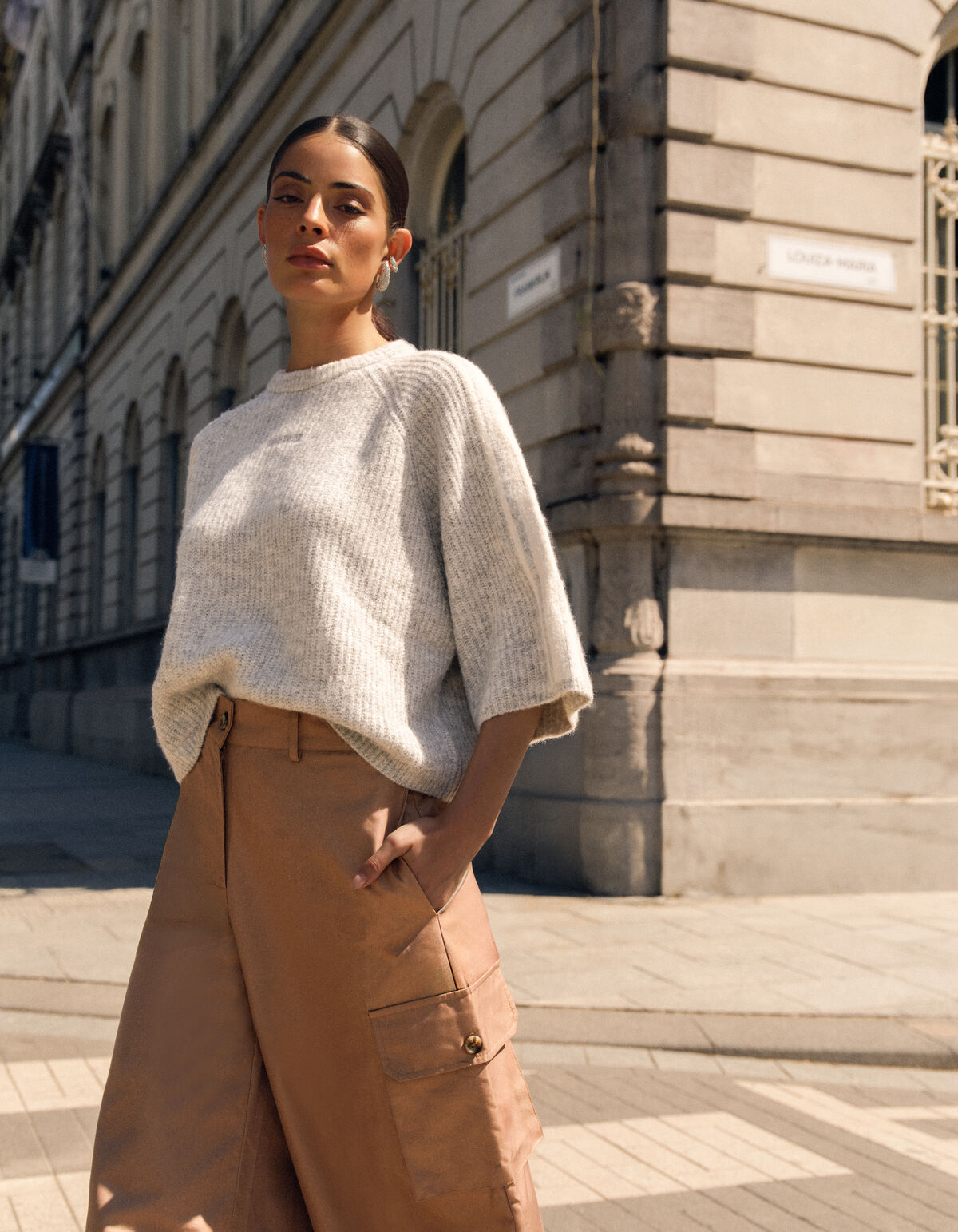 Gestreifter Pullover Mit Halblangen &Auml;rmel Hellgrau SHOEBY WOMEN