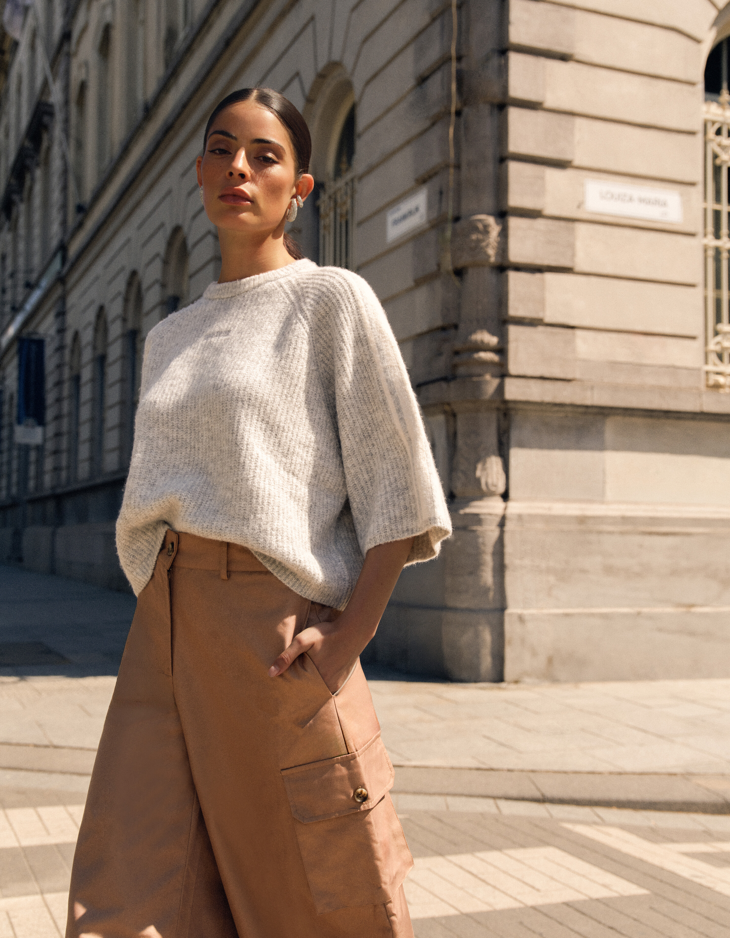 Gestreifter Pullover Mit Halblangen &Auml;rmel Hellgrau SHOEBY WOMEN