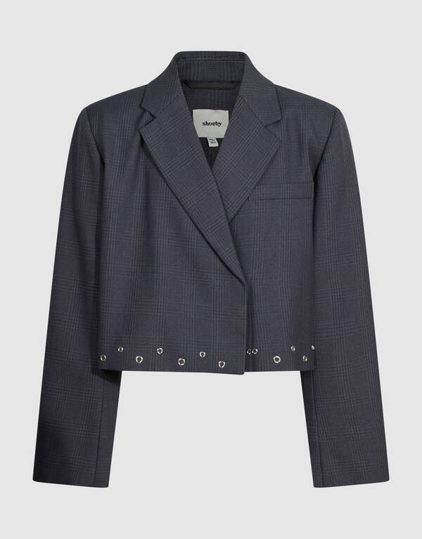 Cropped Karierter Eyelet Blazer Dunkelgrau SHOEBY GIRLS
