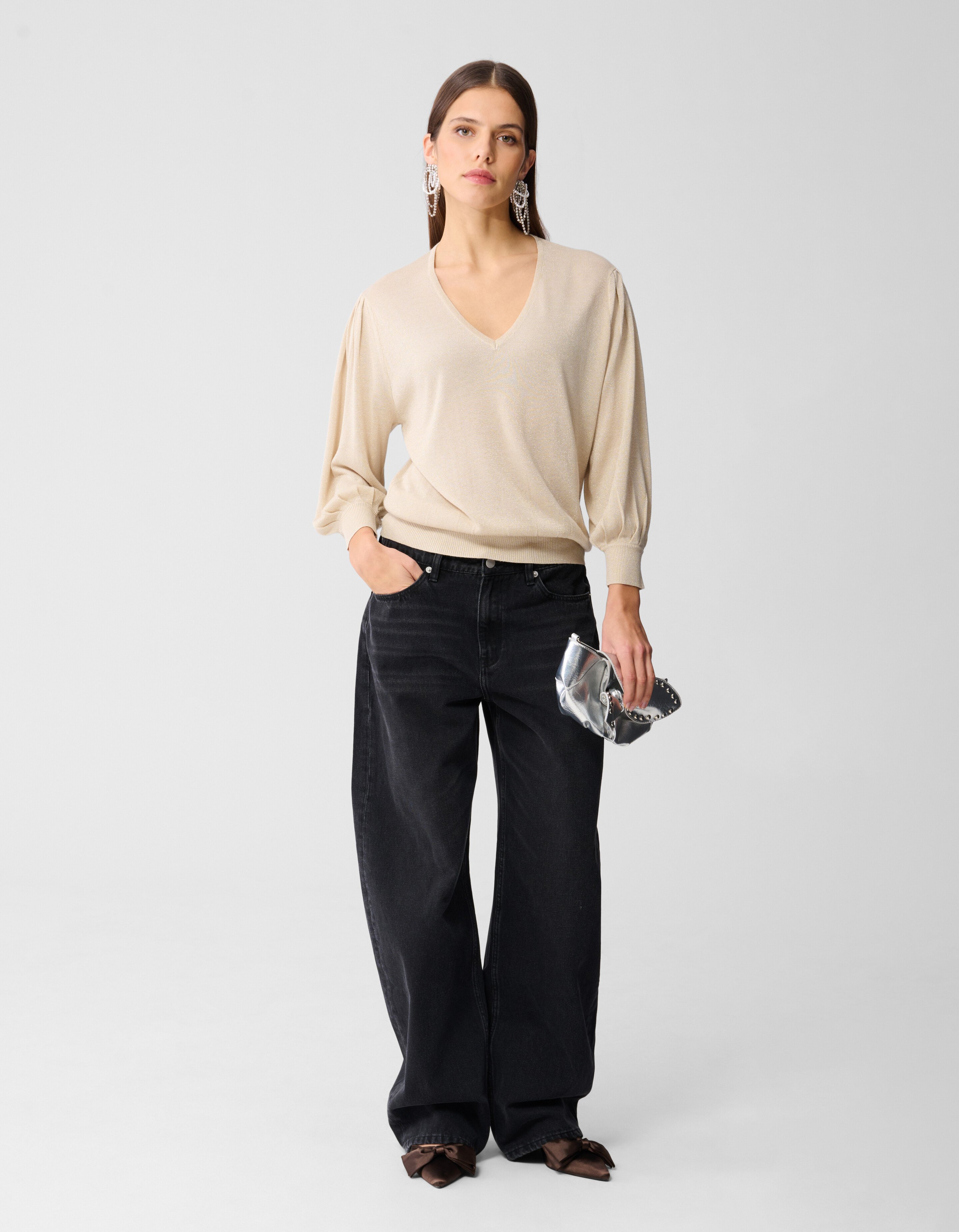 Glitzer-Pullover mit V-Ausschnitt Sand SHOEBY WOMEN