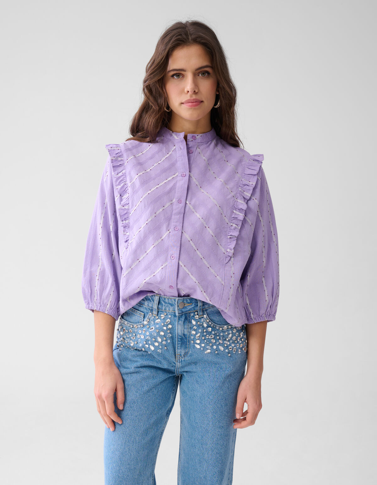 Jacquard-R&uuml;schen-Bluse Hellviolett SHOEBY WOMEN